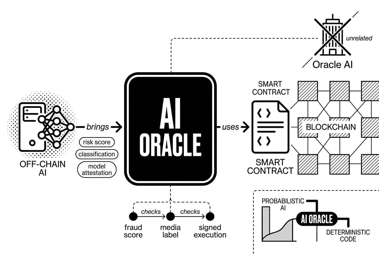 AI oracle diagram connects off-chain AI results to smart contracts; Oracle AI marked unrelated.