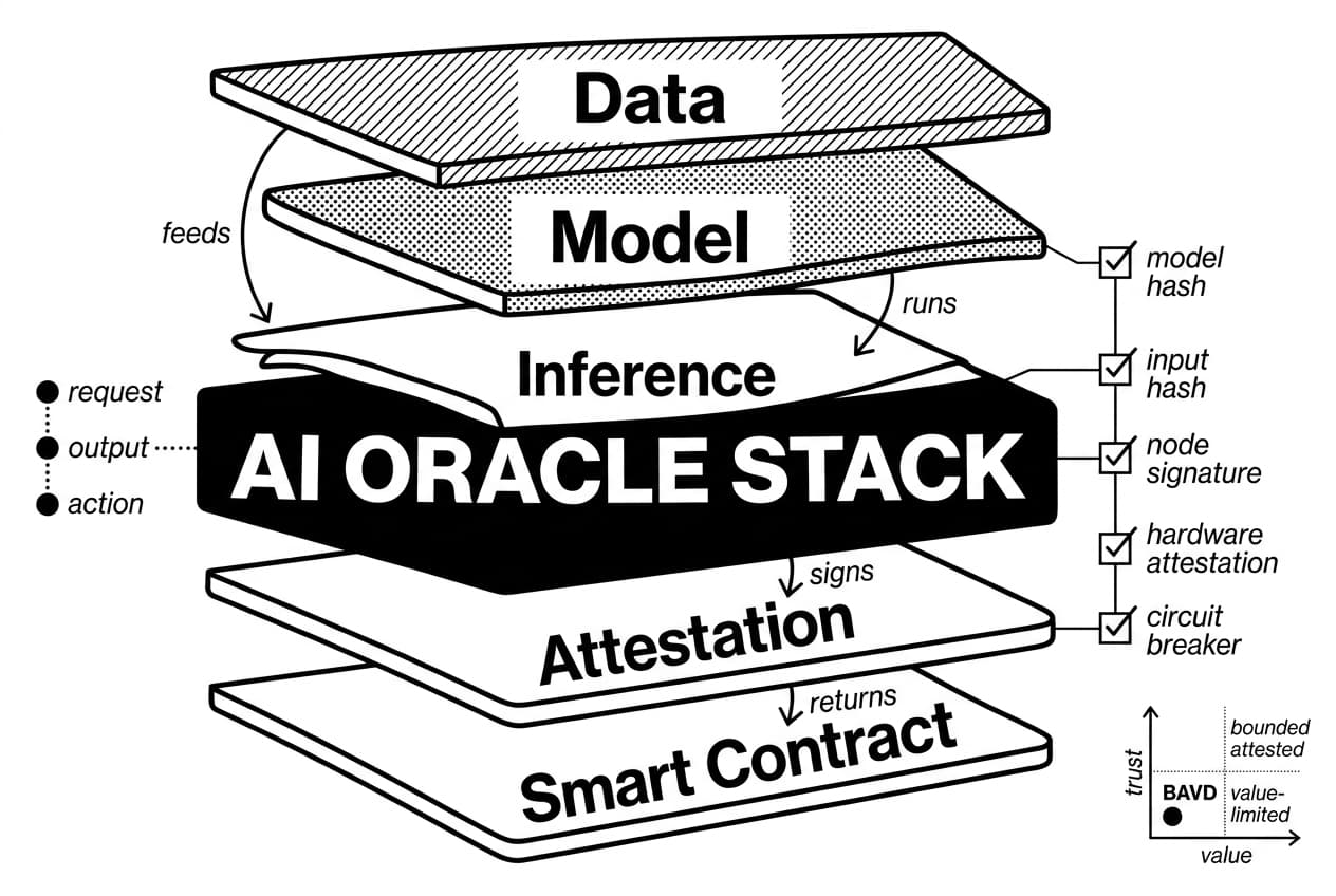 AI oracle stack diagram shows data, model, attestation, smart contract checks, and BAVD.