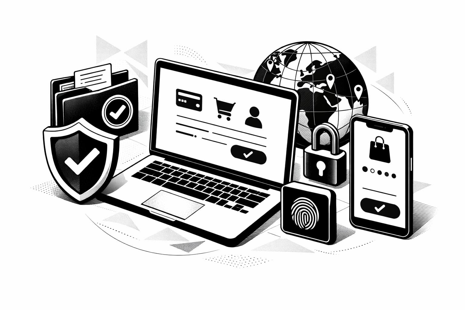 Merchant crypto checkout with compliance icons, security shield, and customer experience flow