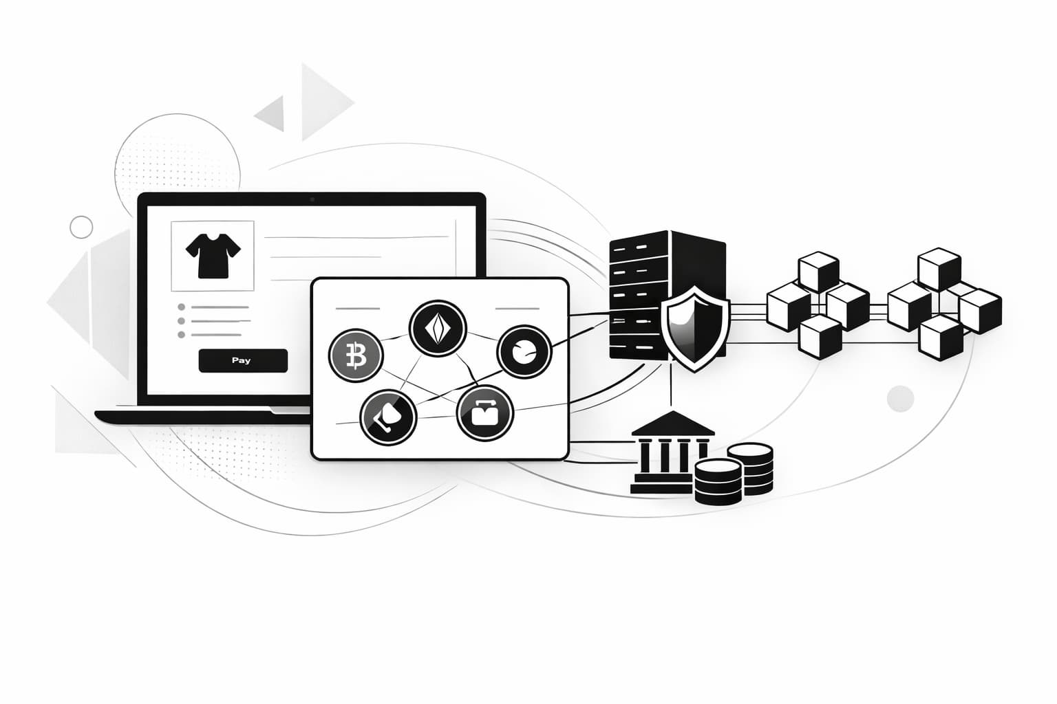 Illustration of a merchant checkout using an altcoin payment gateway across blockchains