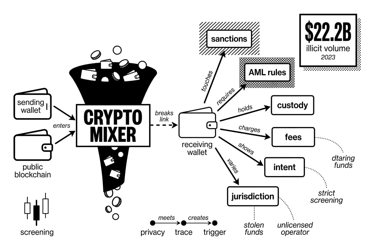 Monochrome flowchart shows crypto mixer legality risks between wallets, broken links, and illicit volume.