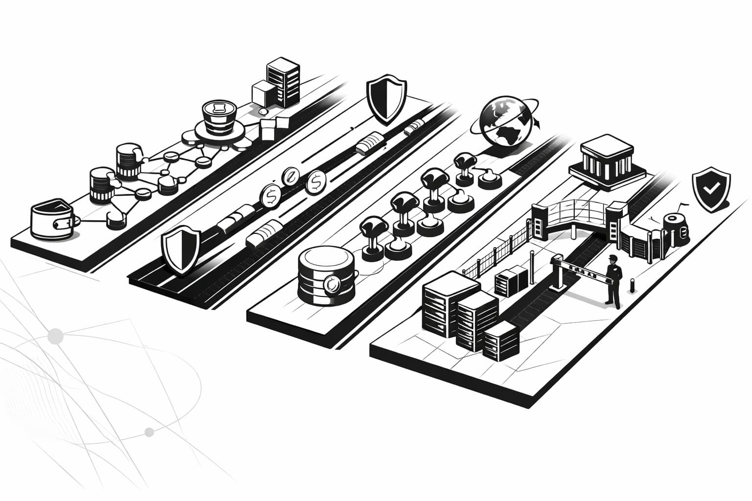 Illustration comparing Ethereum, Stellar, XRPL, and permissioned blockchains for tokenization