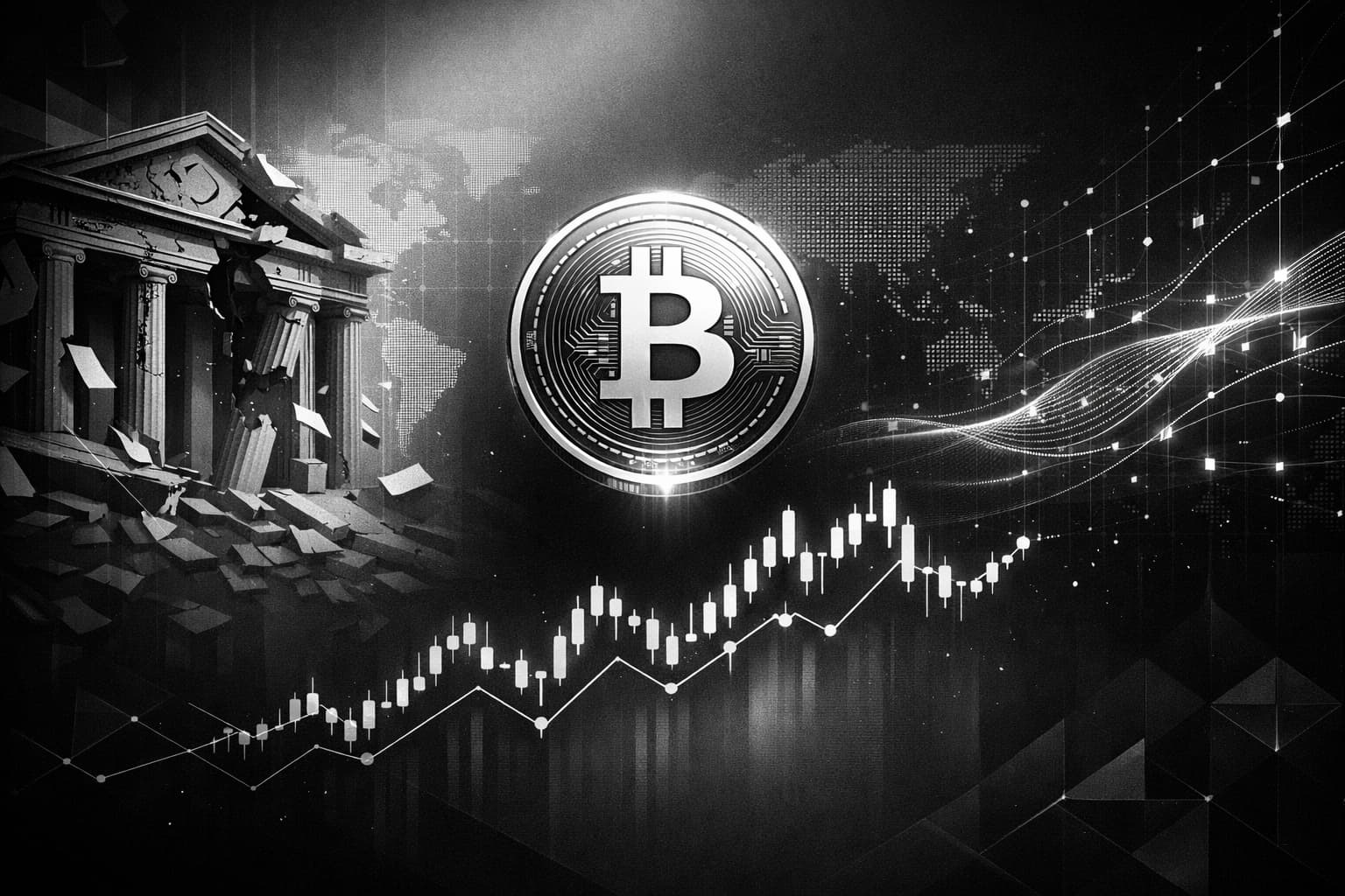 Bitcoin hovering over volatile price chart with failing banks in background