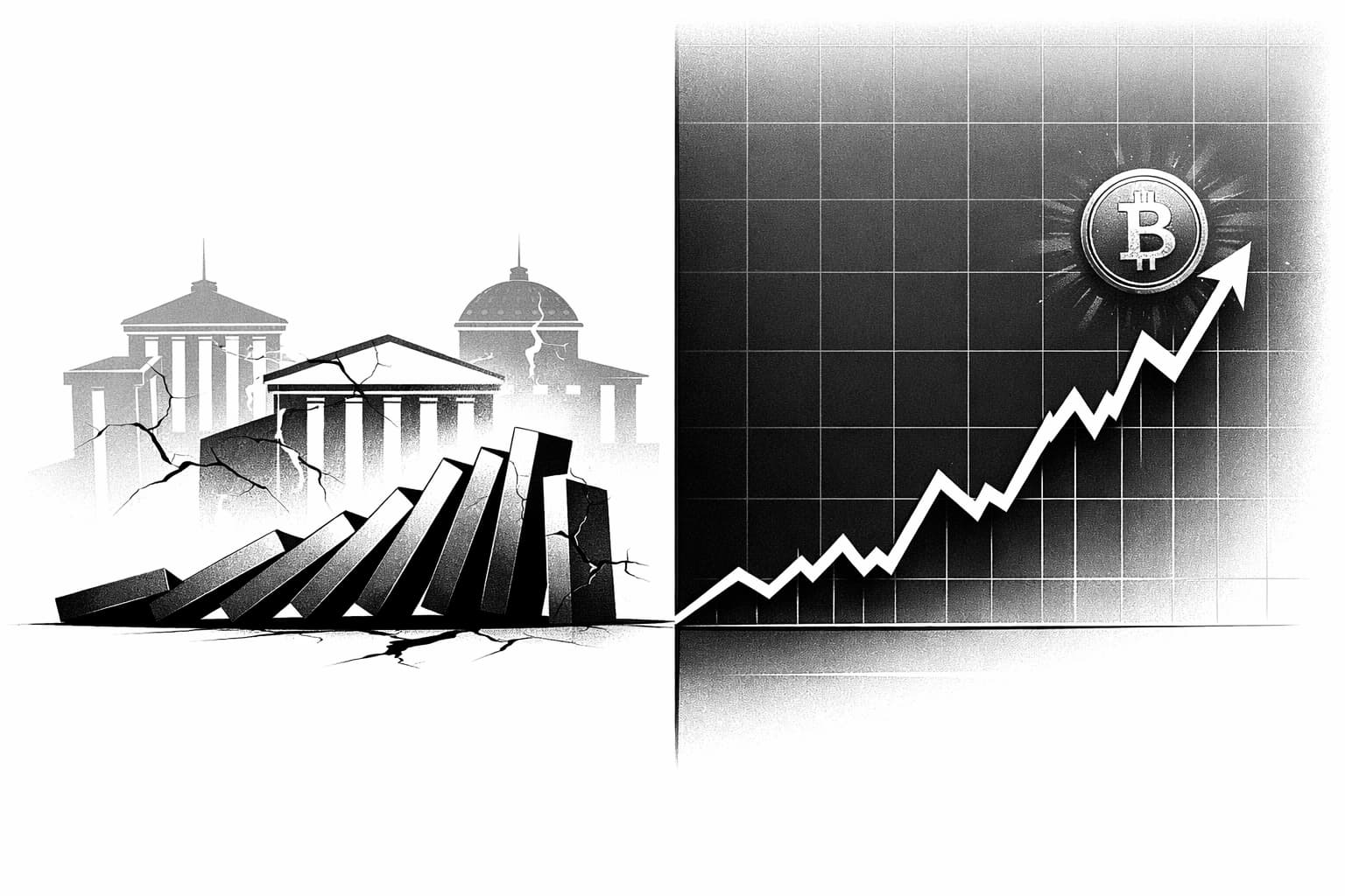 Bitcoin price line rising sharply beside collapsing bank silhouettes during March 2023 crisis