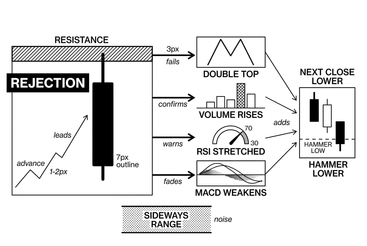 Monochrome flowchart showing bearish hammer candlestick confirmation with resistance, volume, RSI, and MACD.