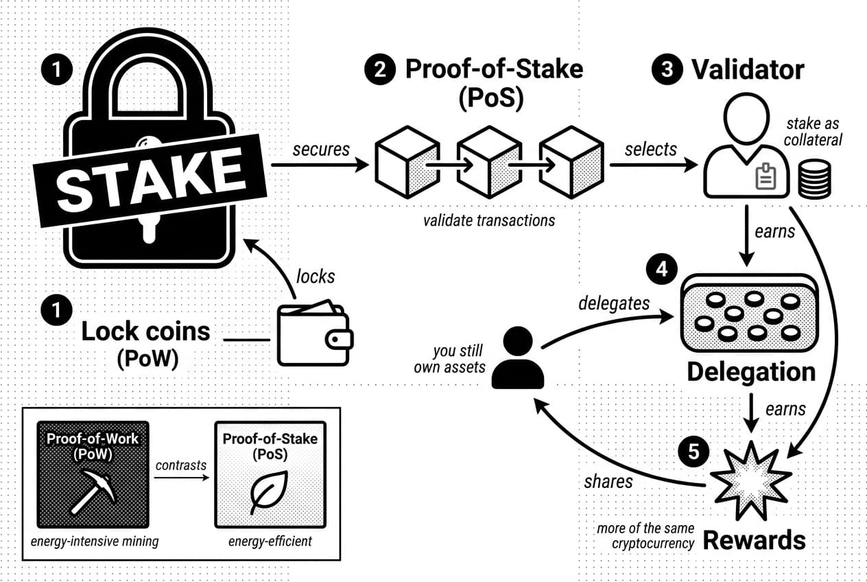 Monochrome diagram showing how staking locks coins, secures PoS, and earns rewards.