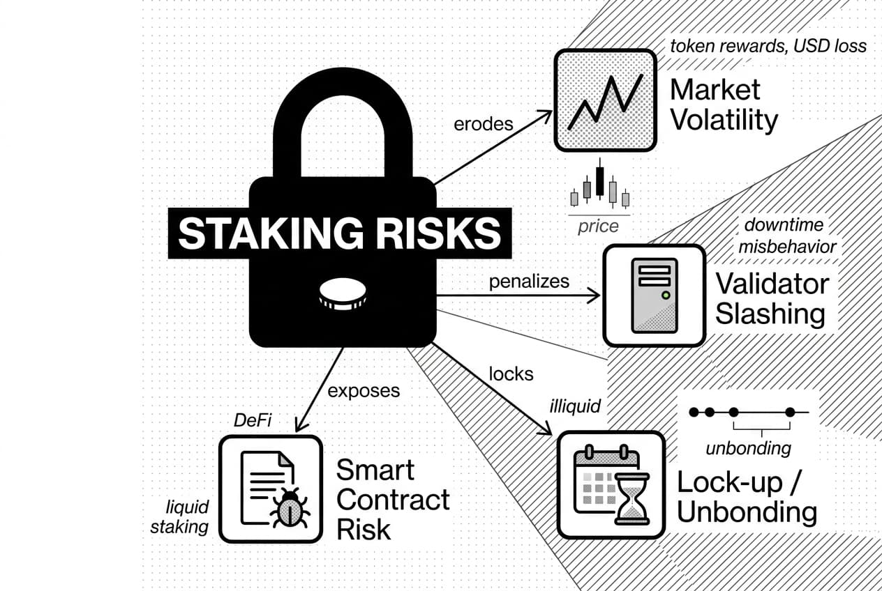 Monochrome staking risks infographic showing padlock with coin and four connected risk callouts.