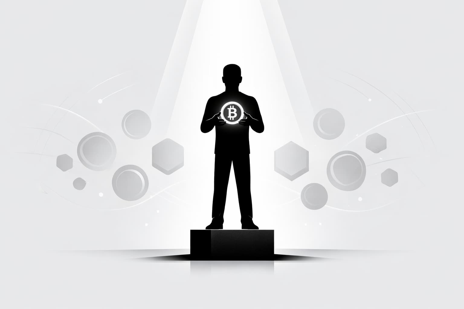 Illustration of a person focusing on one golden Bitcoin amid muted altcoins