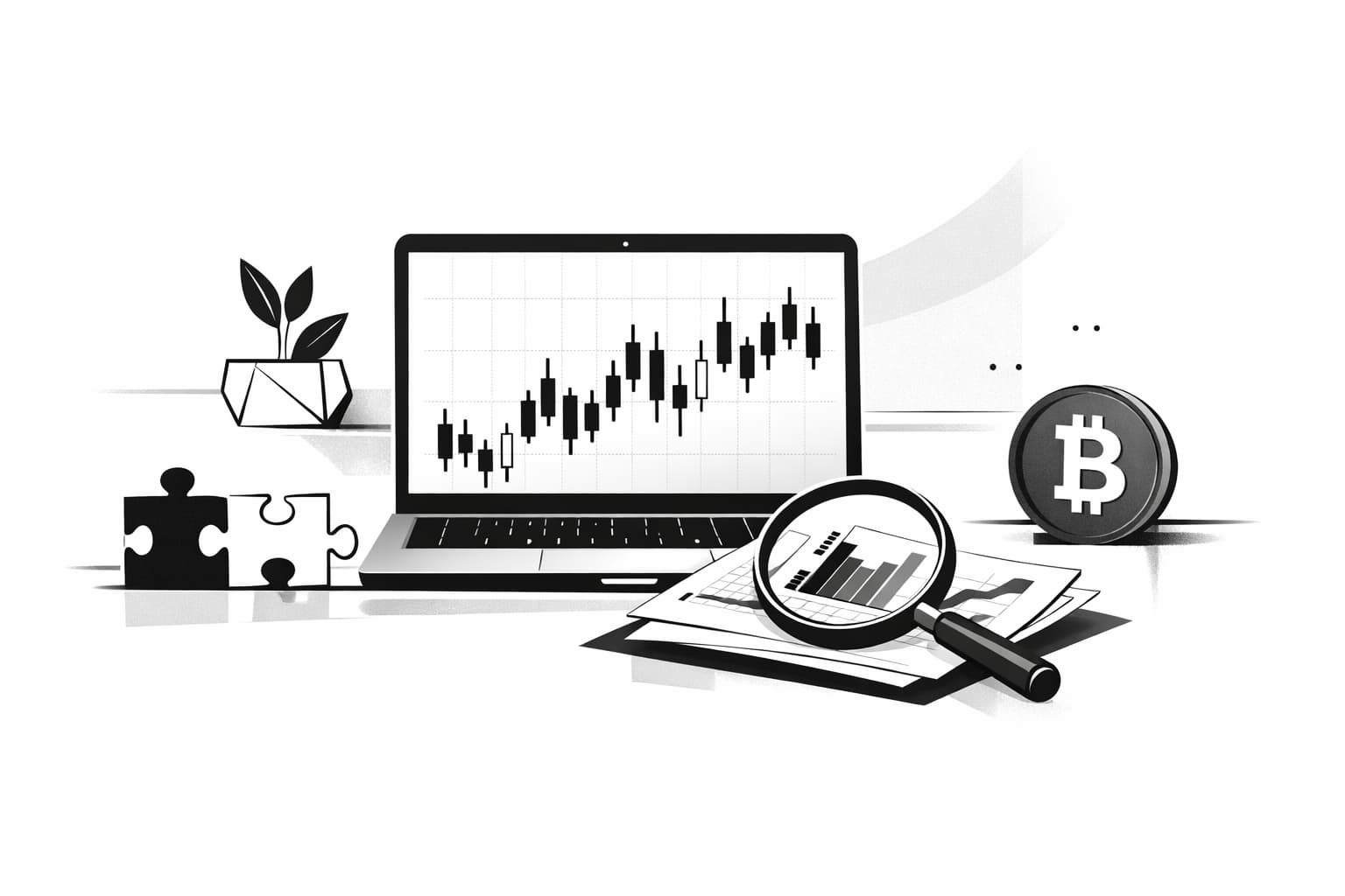 Investor desk with Bitcoin charts, monthly grid, and puzzle pieces for context