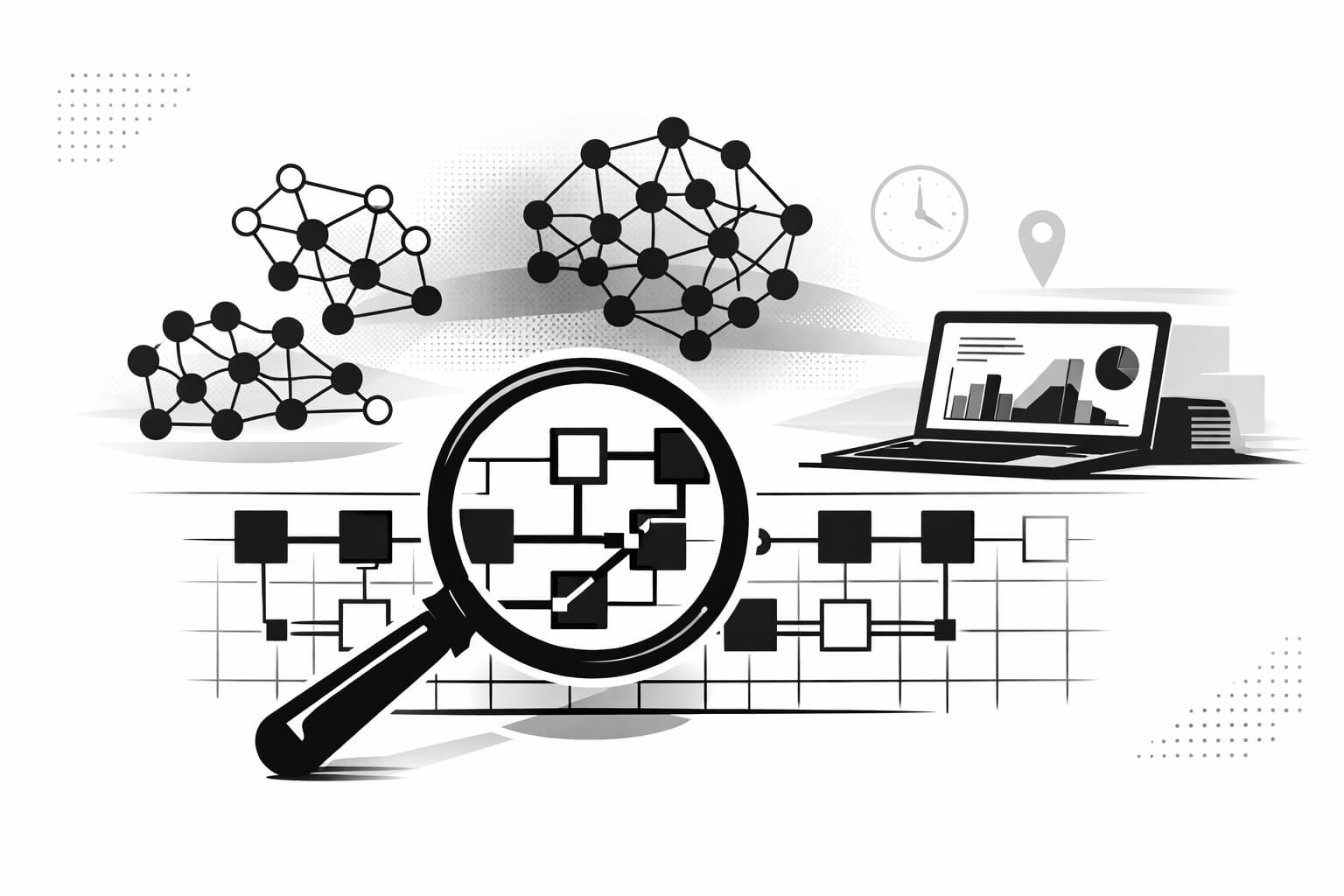 Magnifying glass tracing blockchain transaction paths and clustered wallet nodes