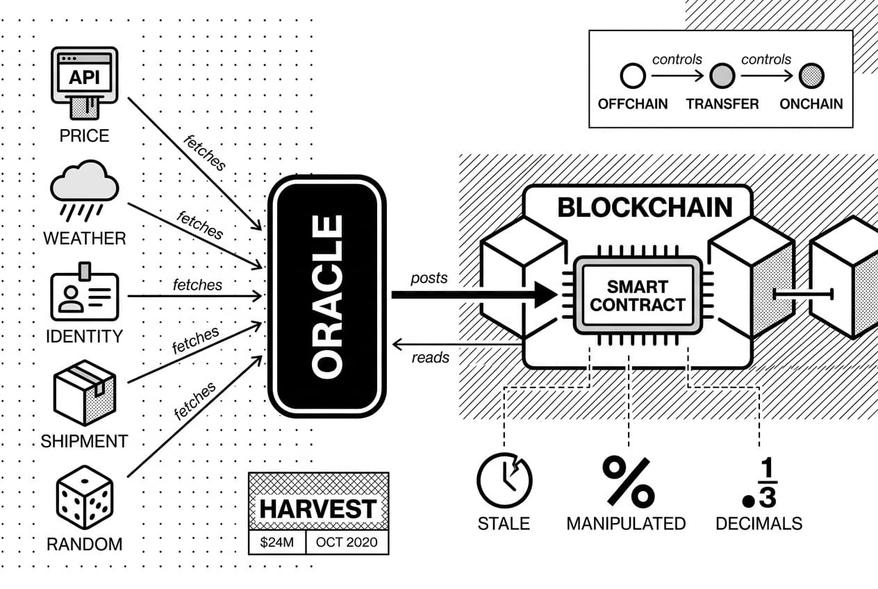 Monochrome Blockchain oracle architecture diagram linking data sources to SMART CONTRACT with HARVEST risk callout.