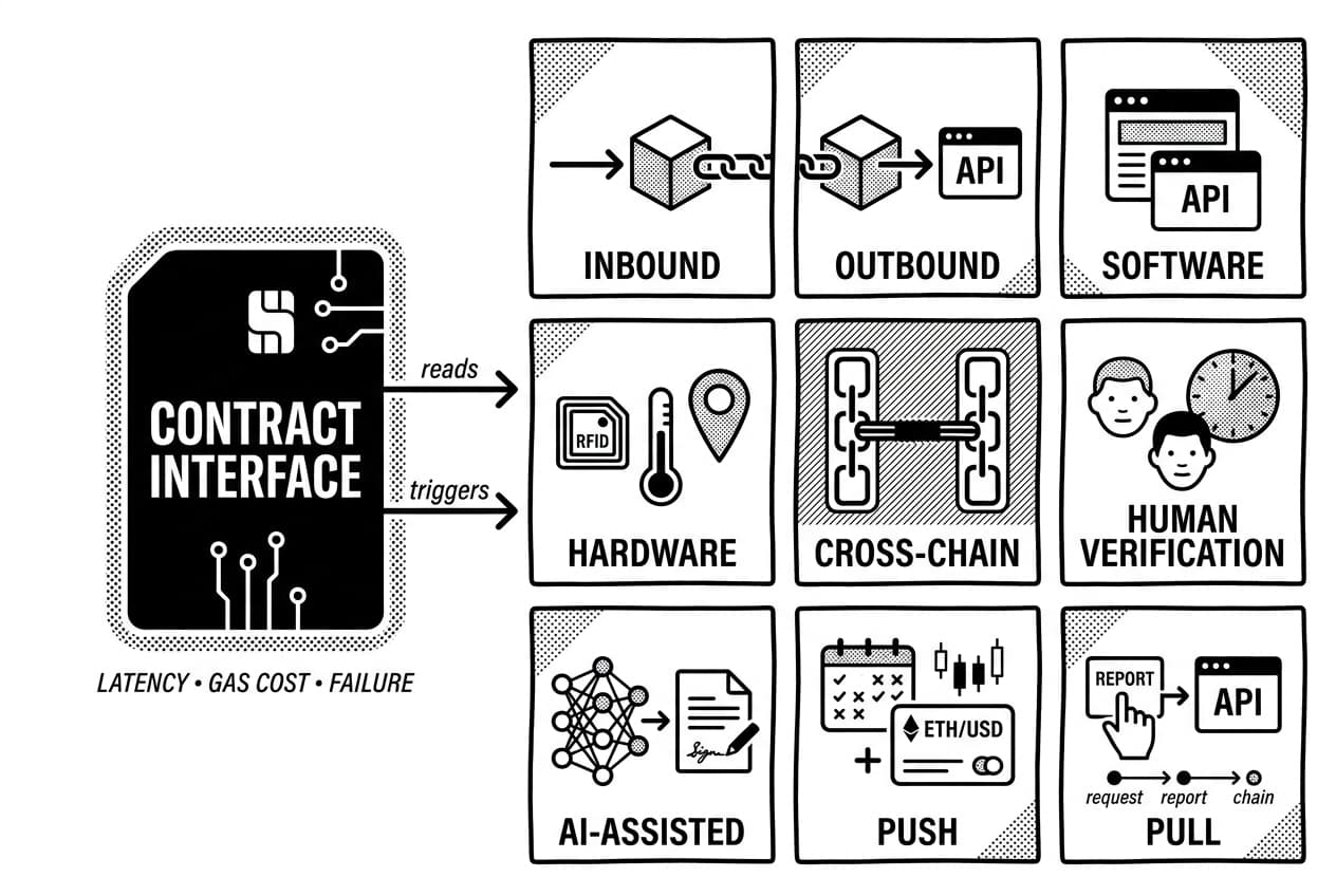Monochrome blockchain oracle architecture for developers showing contract interface, oracle types, and ETH/USD updates.