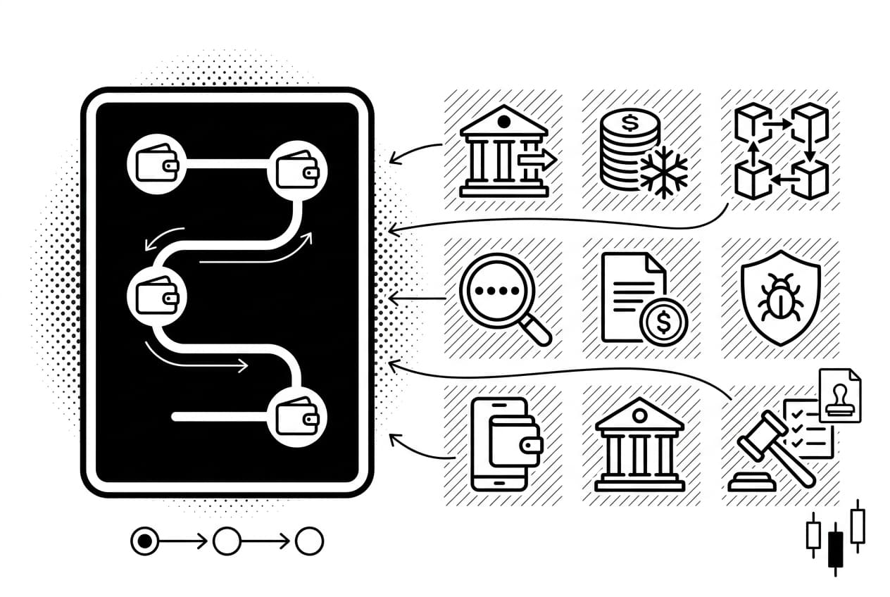 Monochrome blockchain surveillance infographic linking FOLLOW FUNDS ledger to users and FATF stamp