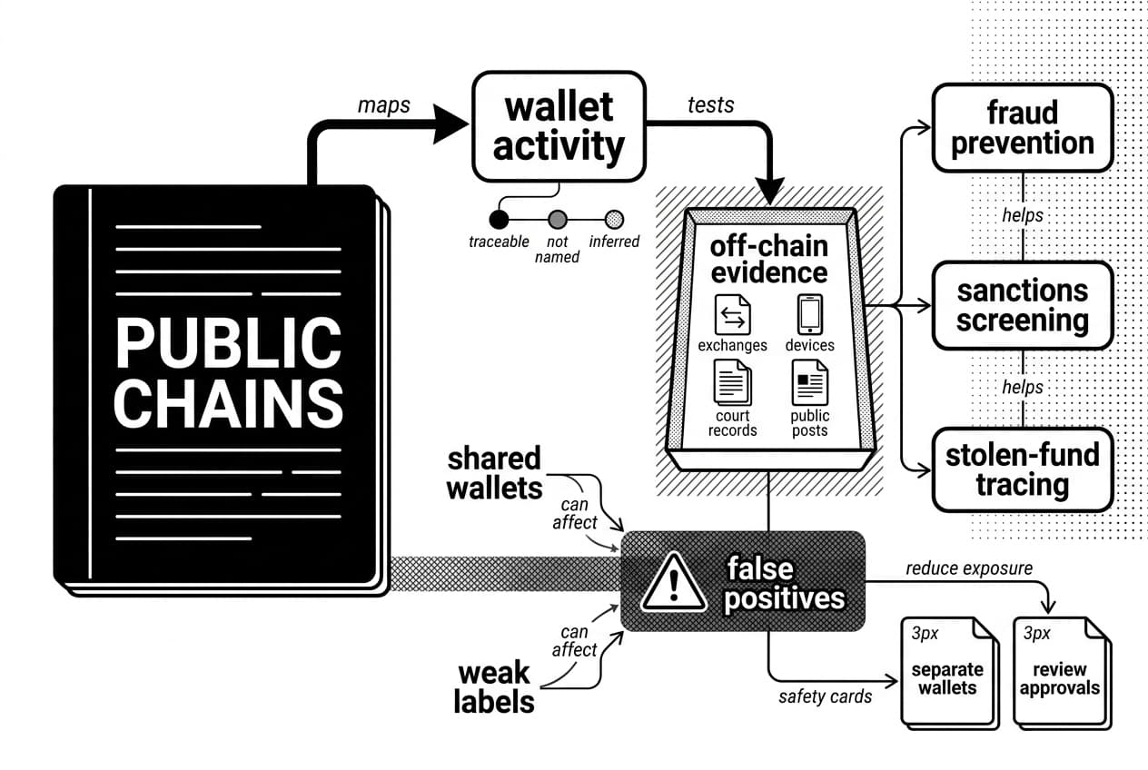 Blockchain surveillance infographic showing public chains mapped to wallet activity and off-chain evidence.