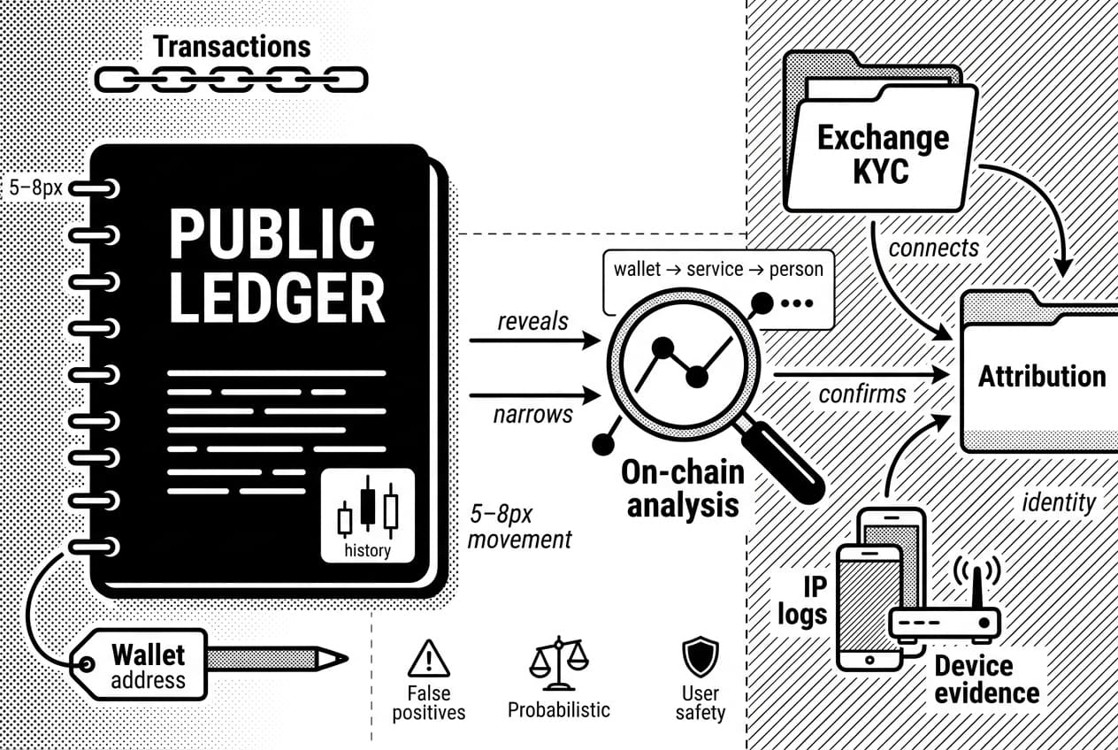 Monochrome blockchain surveillance diagram linking PUBLIC LEDGER activity to Exchange KYC and IP logs.