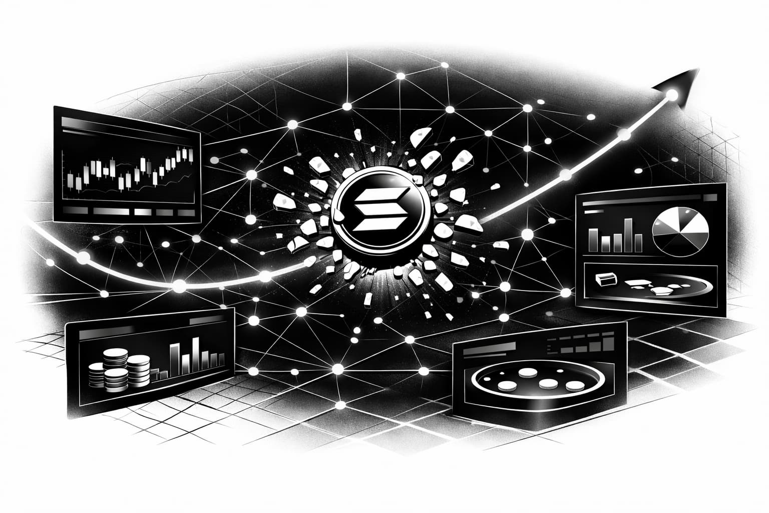 Illustration of Bonk airdrop boosting Solana activity, DEX volume, and SOL rally