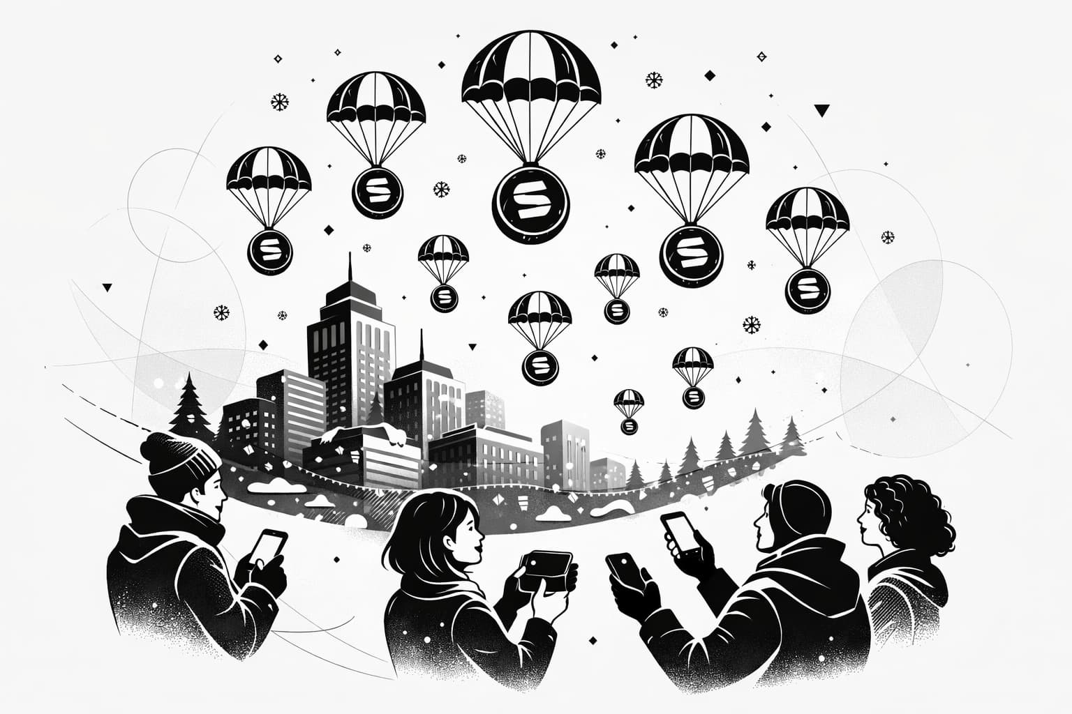 Illustration of BONK tokens airdropping onto Solana community during winter holiday season