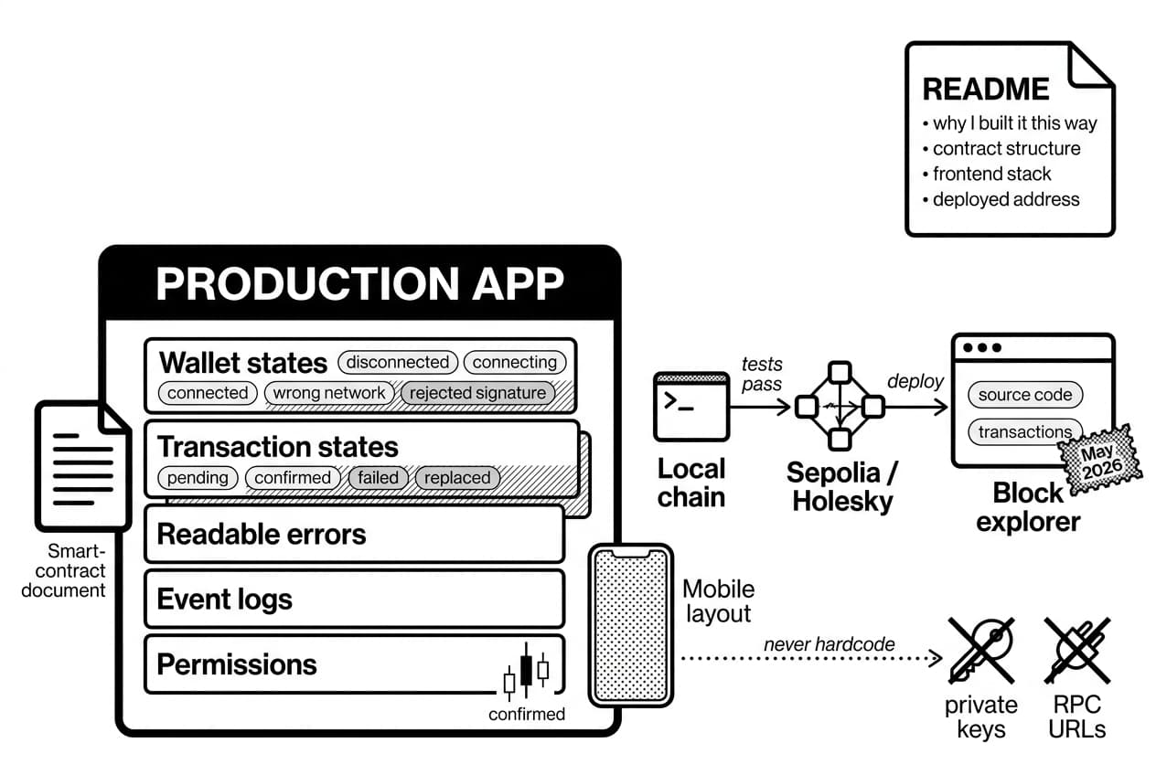 Monochrome Web3 developer portfolio infographic showing production app layers and Sepolia / Holesky deployment.
