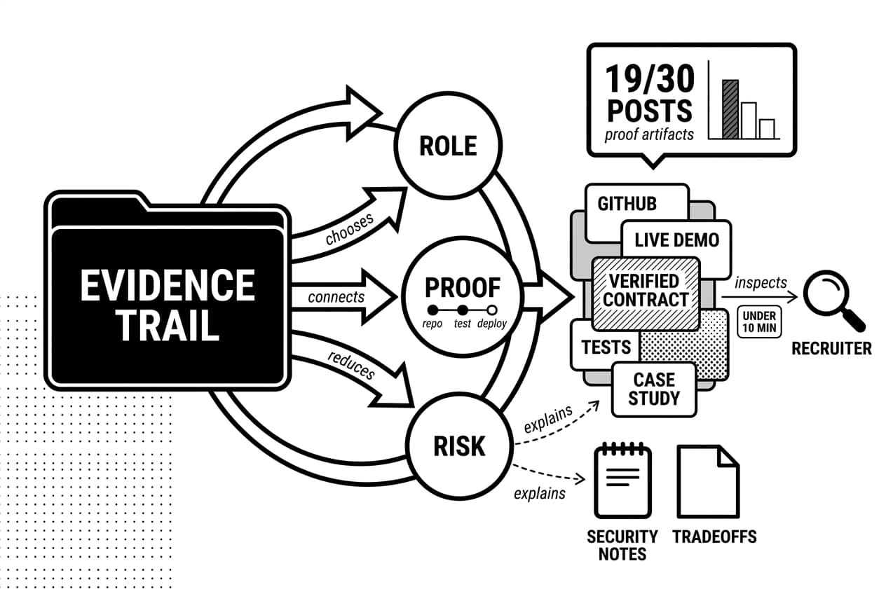 Infographic showing Web3 developer portfolio proof artifacts linking role, proof, risk, and recruiter.