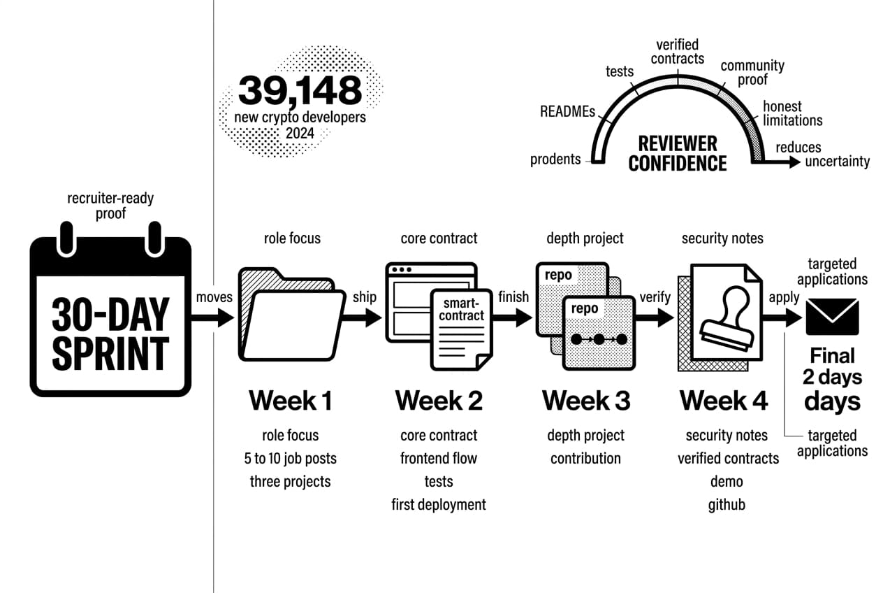 Monochrome Web3 developer portfolio timeline showing a 30-day sprint toward applications.