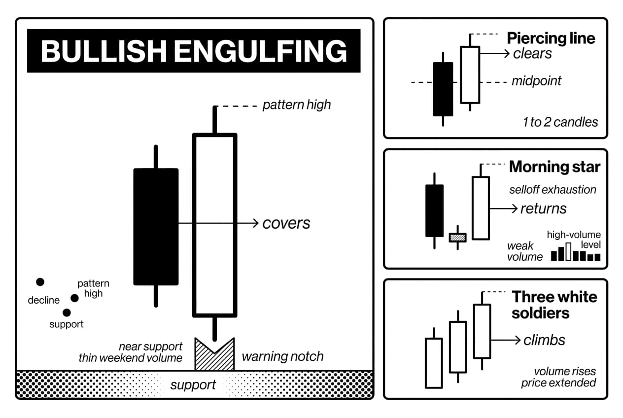 Monochrome infographic comparing bullish candlestick patterns, led by Bullish Engulfing near support