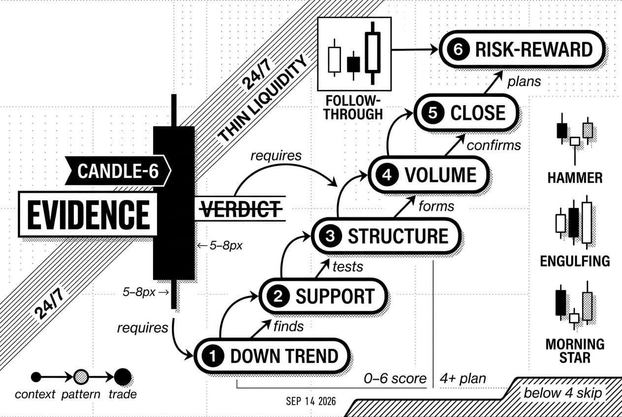 Monochrome diagram showing bullish candle patterns scored before crypto buy signals.