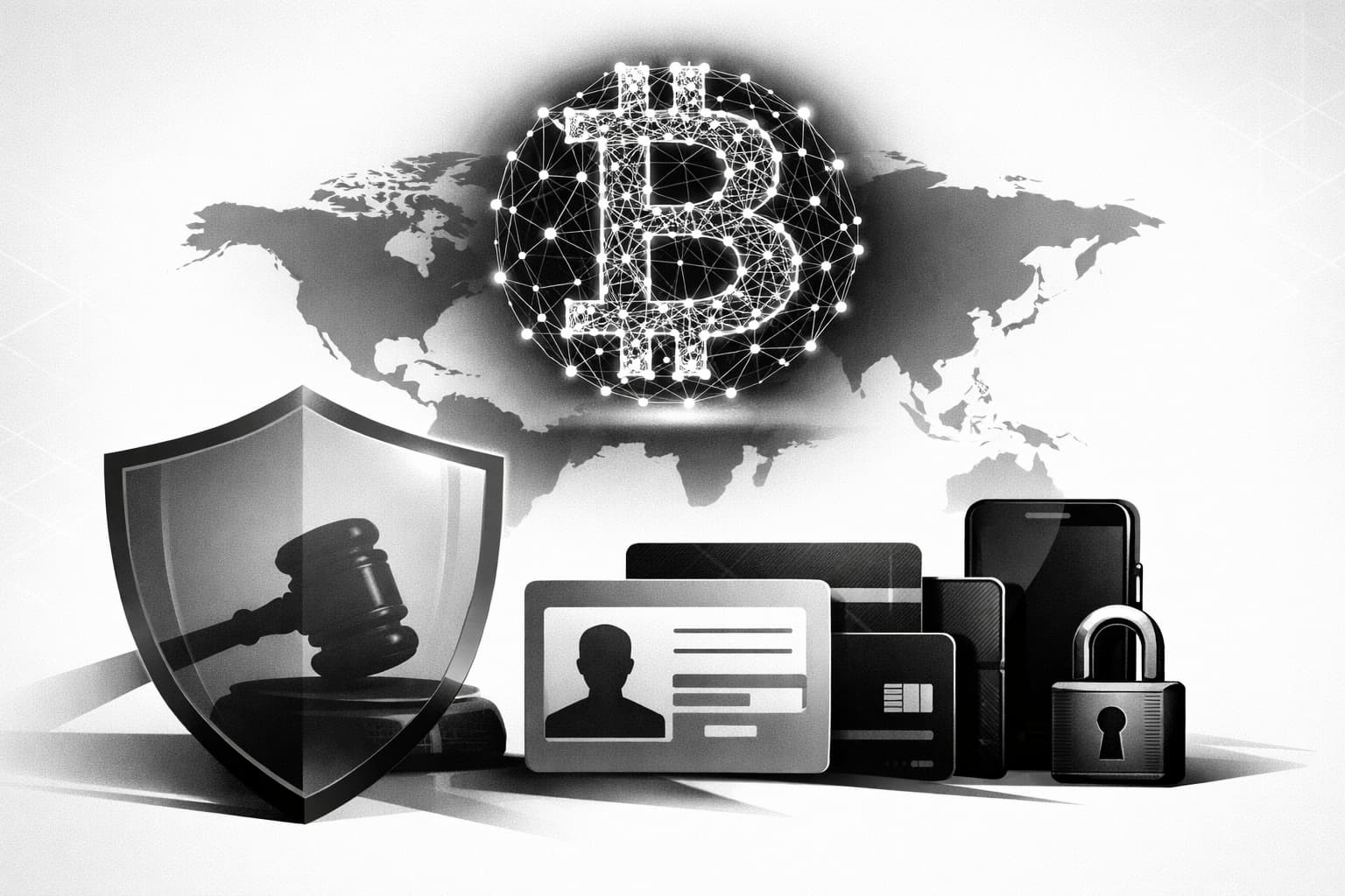 Bitcoin network hovering over world map with government barriers and access restrictions