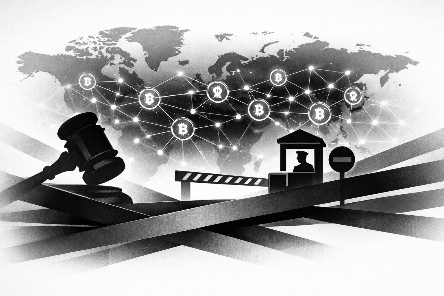 Global decentralized network meeting legal barriers, illustrating friction without total shutdown