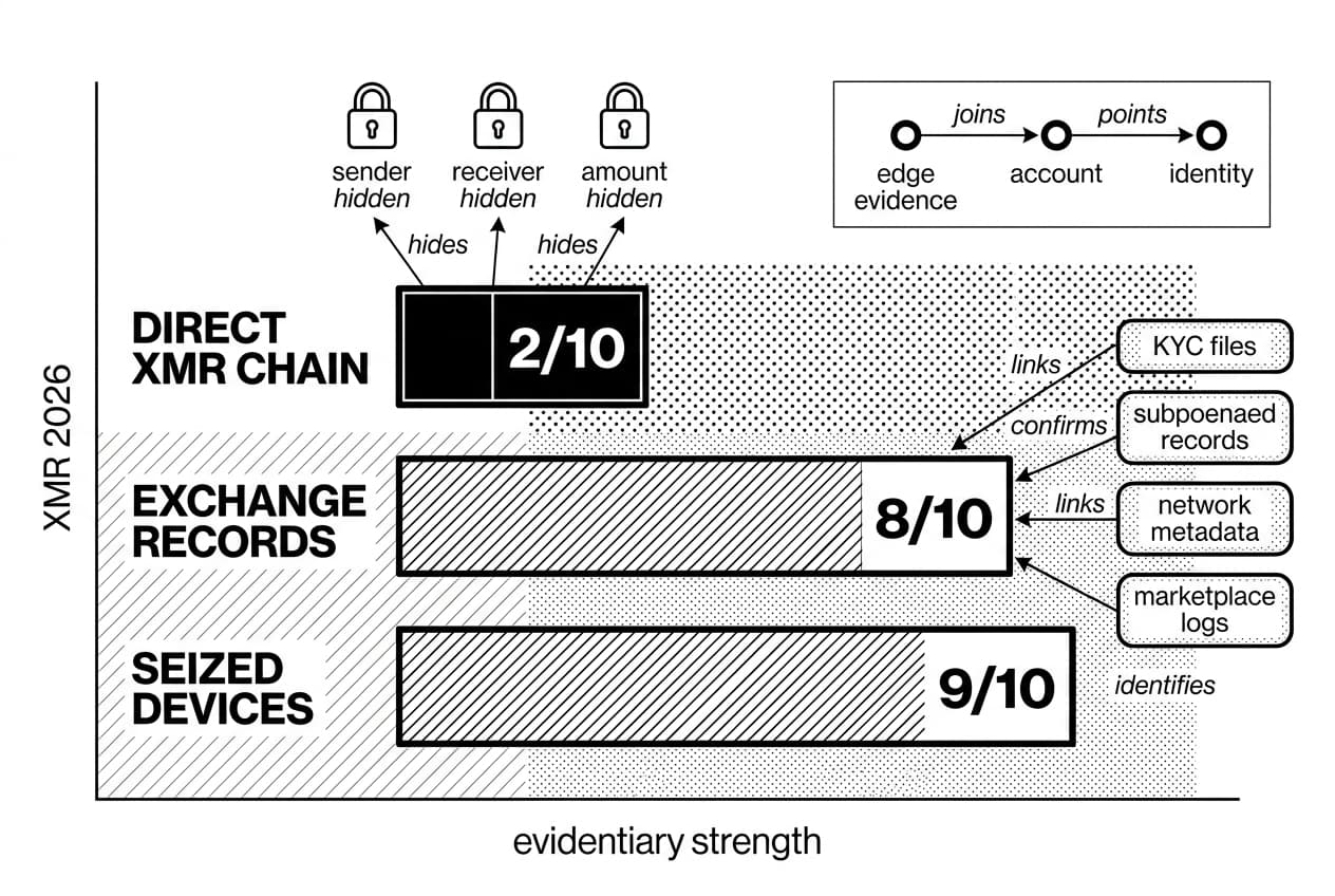 Scorecard compares XMR 2026 Monero privacy with off-chain government tracing evidence.