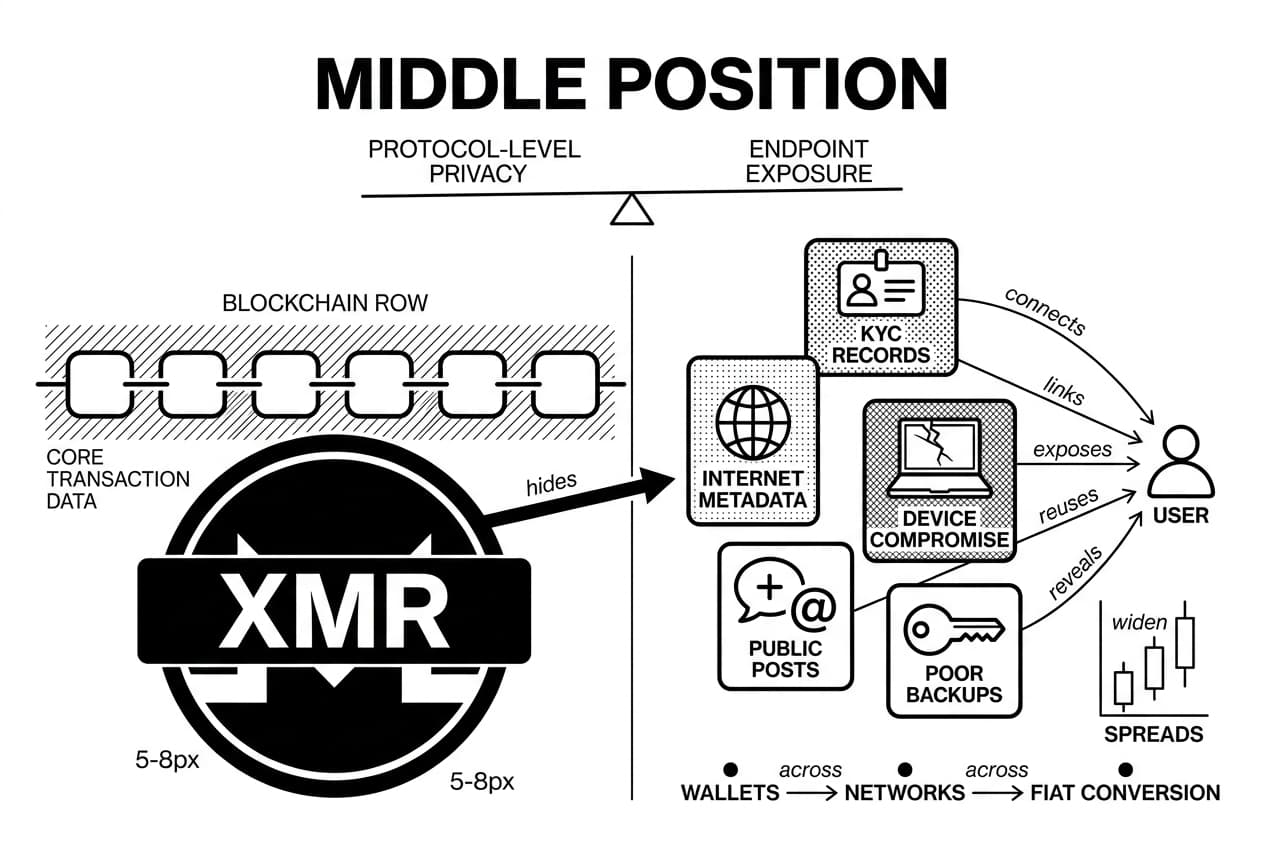 Monero XMR tracing infographic comparing hidden transactions with user exposure evidence sources