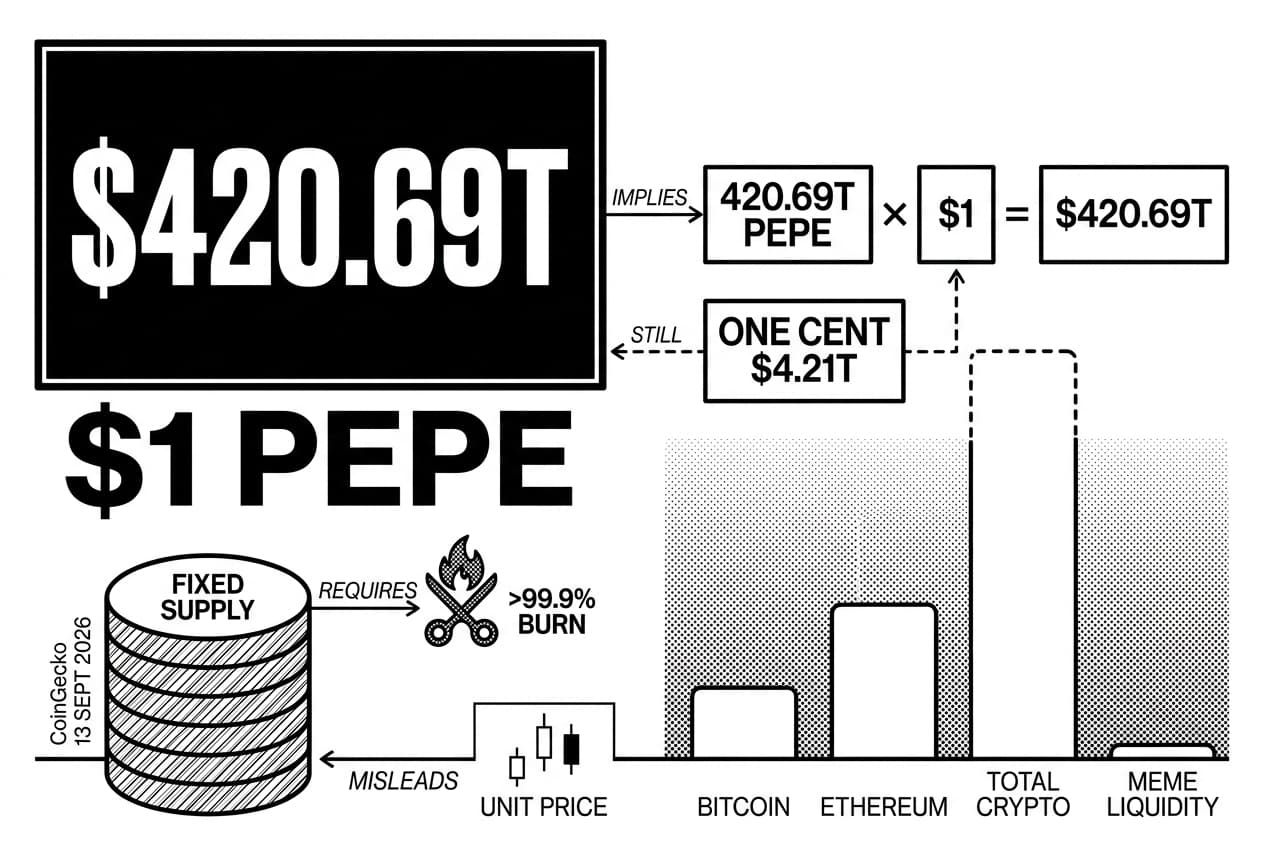 Monochrome PEPE infographic showing $1 market-cap math, supply, burns, and comparisons.