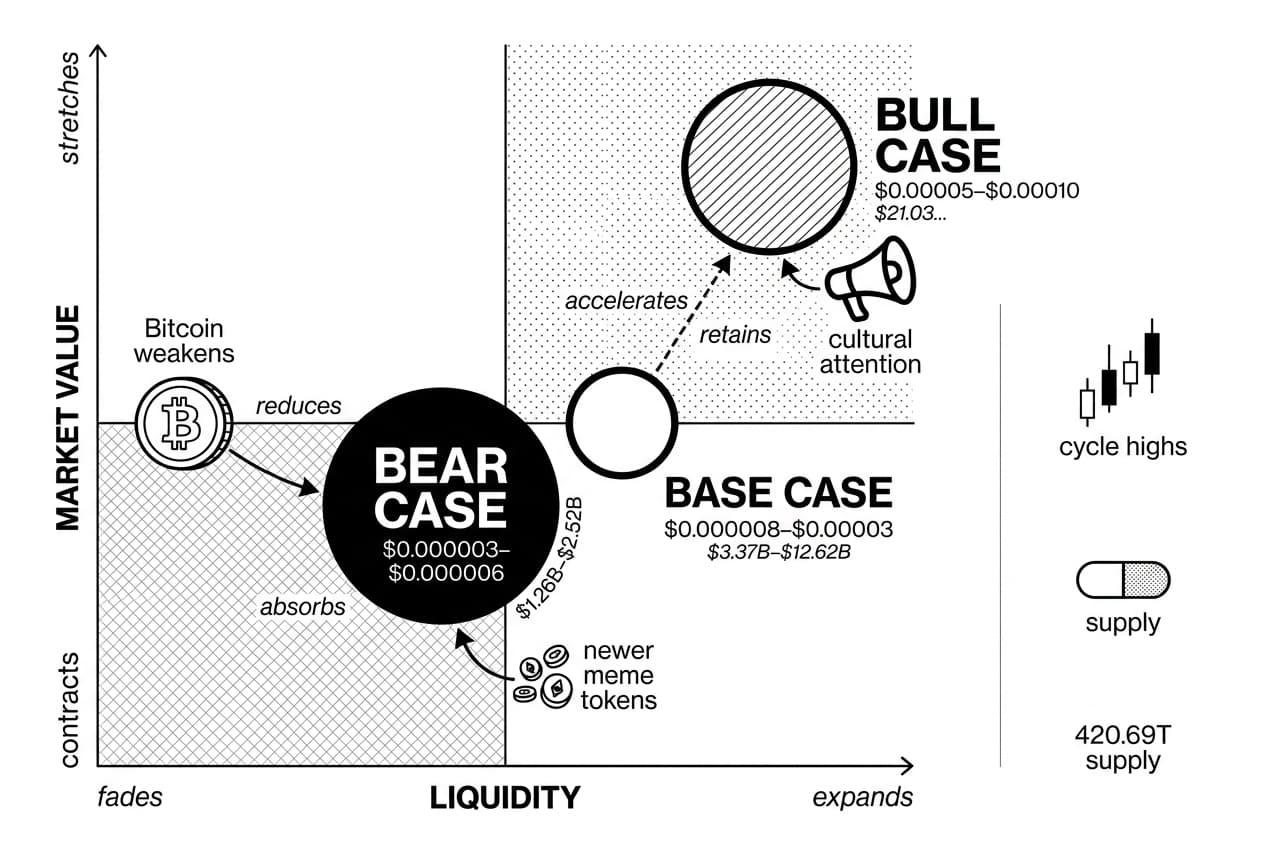 Monochrome Pepe Coin realistic analysis matrix showing PEPE cases and Bitcoin pressure.
