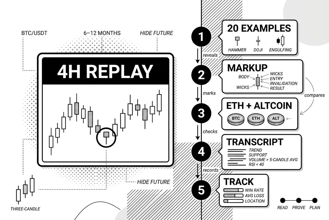 BTC/USDT replay infographic with candlestick patterns, circled hammer, and ETH + ALTCOIN practice ladder