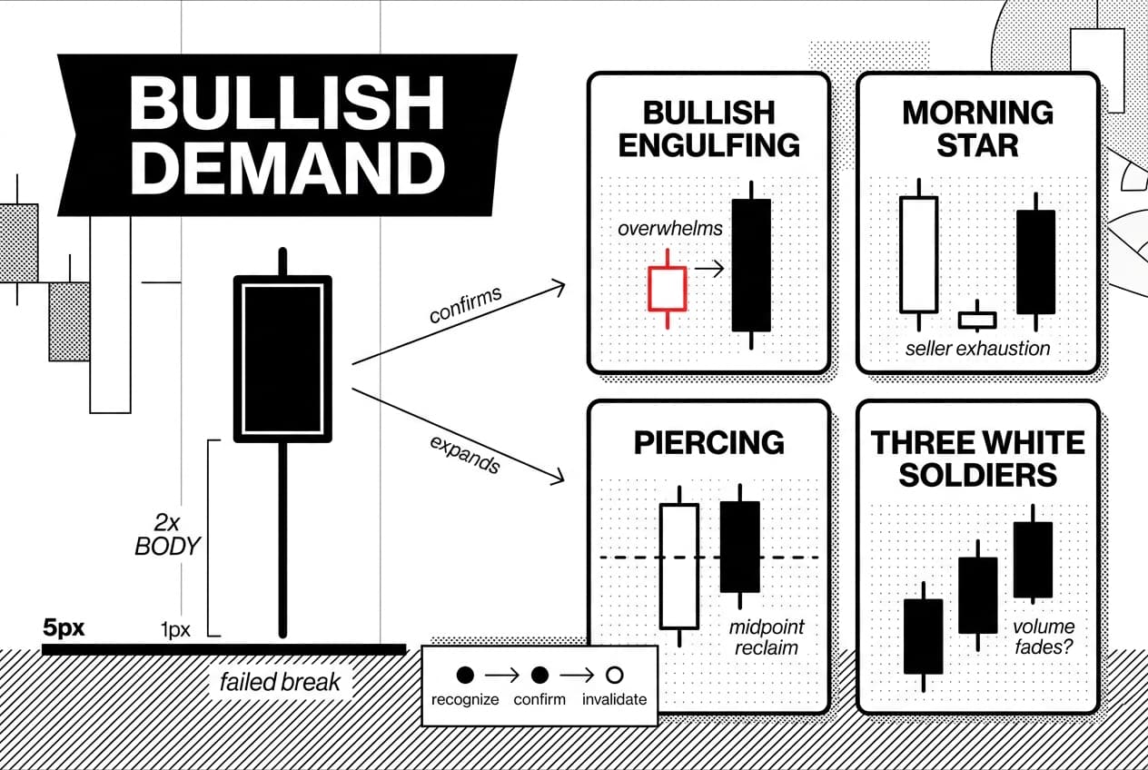 Monochrome bullish candlestick patterns infographic showing hammer, engulfing, morning star, piercing setups.