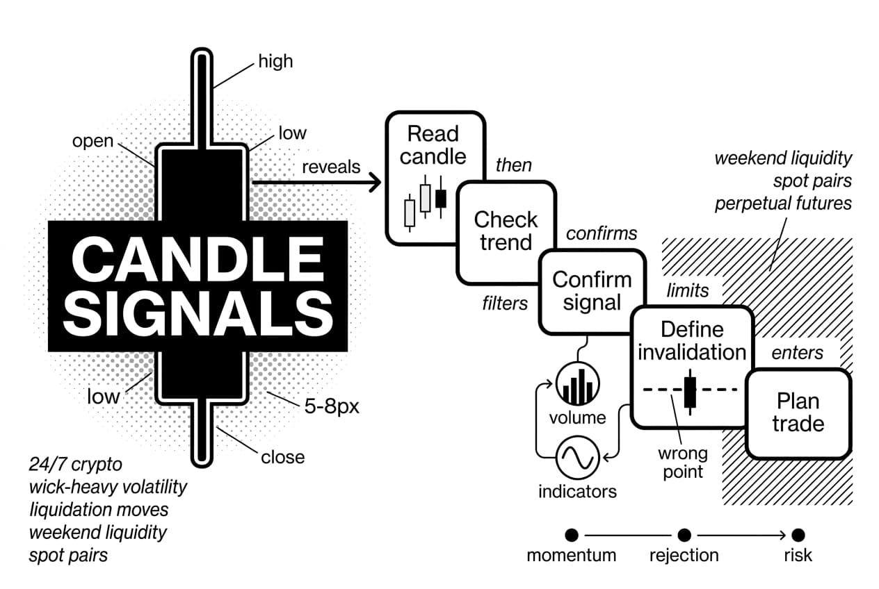 Monochrome crypto candlestick patterns flowchart showing candle signals, confirmation, invalidation, and trade planning