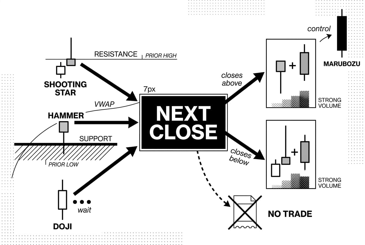 Infographic showing intraday candlestick patterns: hammer, shooting star, doji, and VWAP confirmation.
