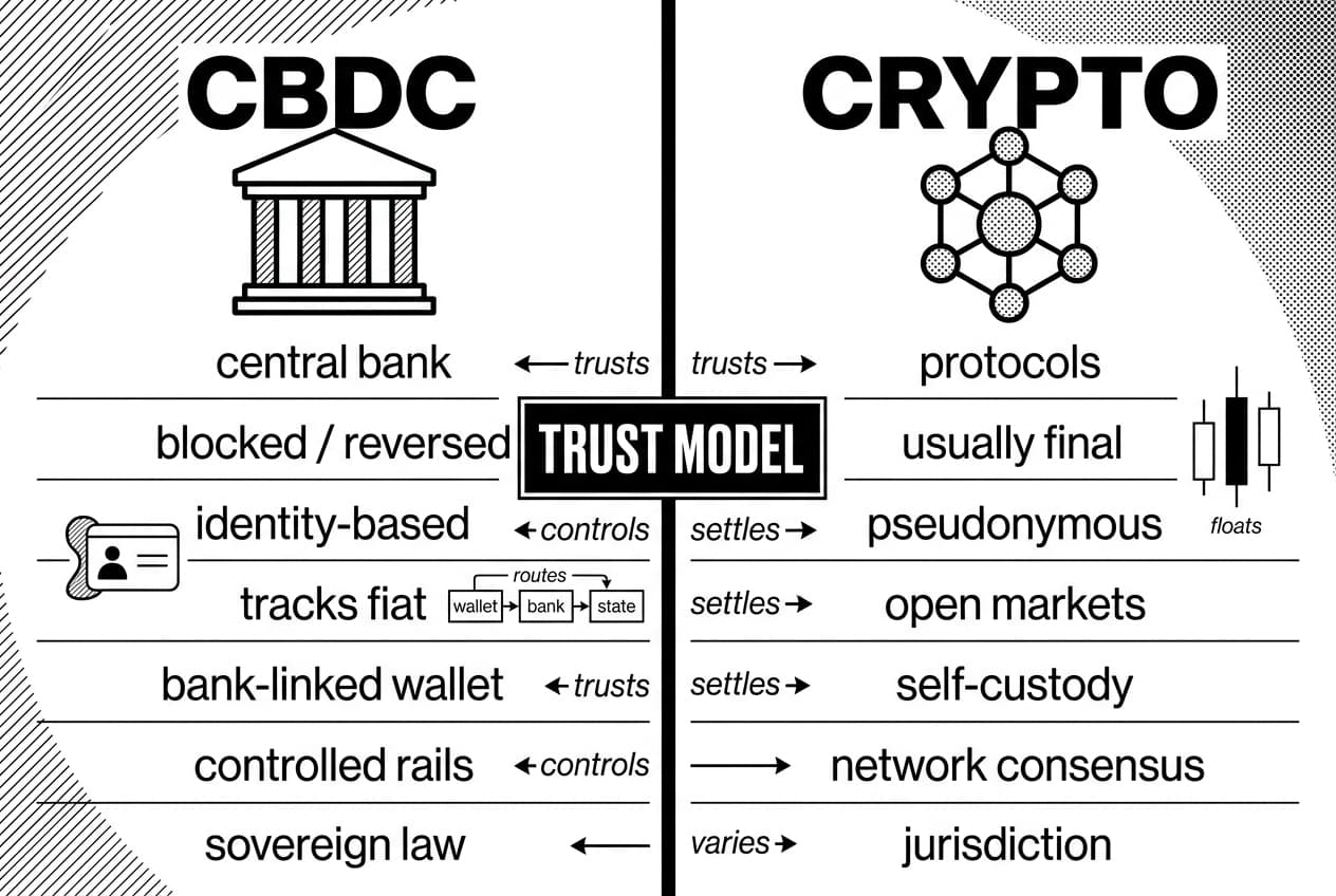 Monochrome CBDC vs CRYPTO infographic comparing trust models, control, settlement, and custody.
