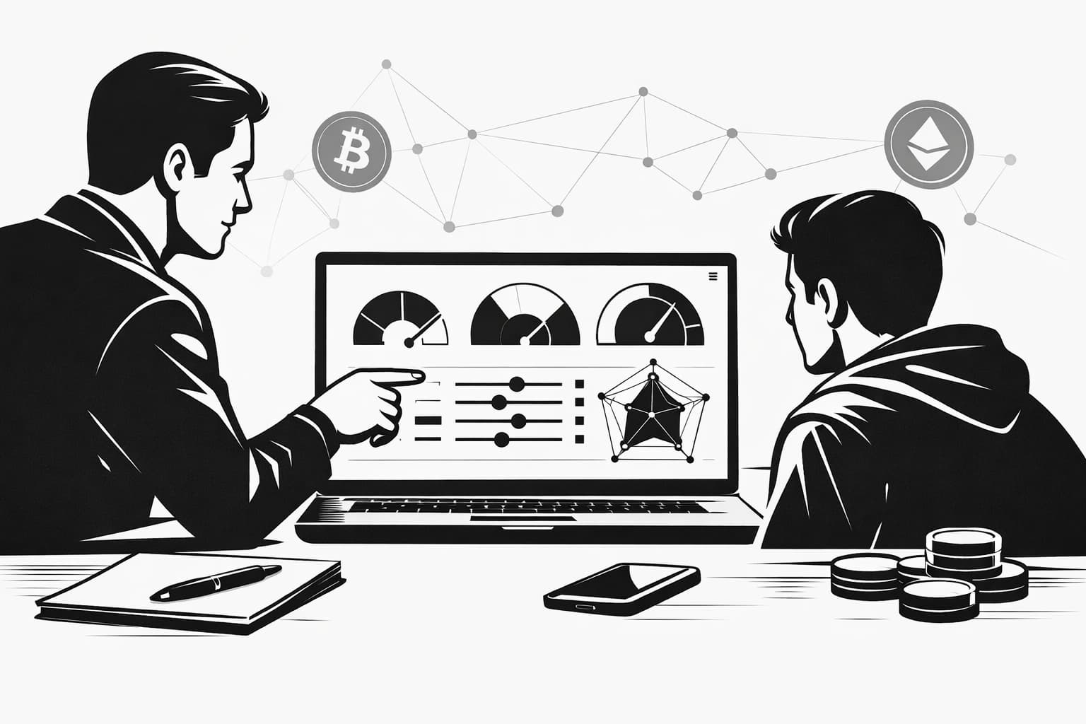 Mentor guiding a user reviewing a CeFi platform risk scoring dashboard