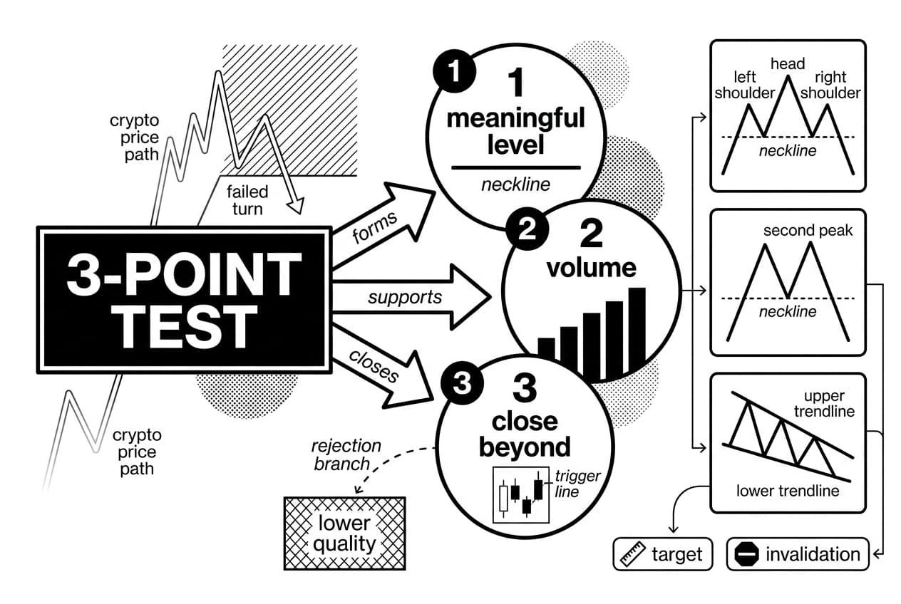 Monochrome infographic showing crypto chart pattern reversals with a three-point test process