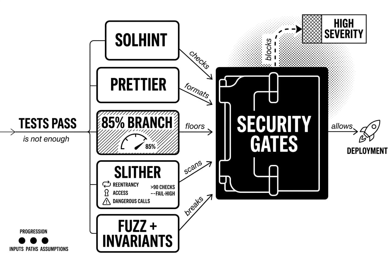 Smart contract CI/CD infographic shows SOLHINT, PRETTIER, and SLITHER security gates before deployment.