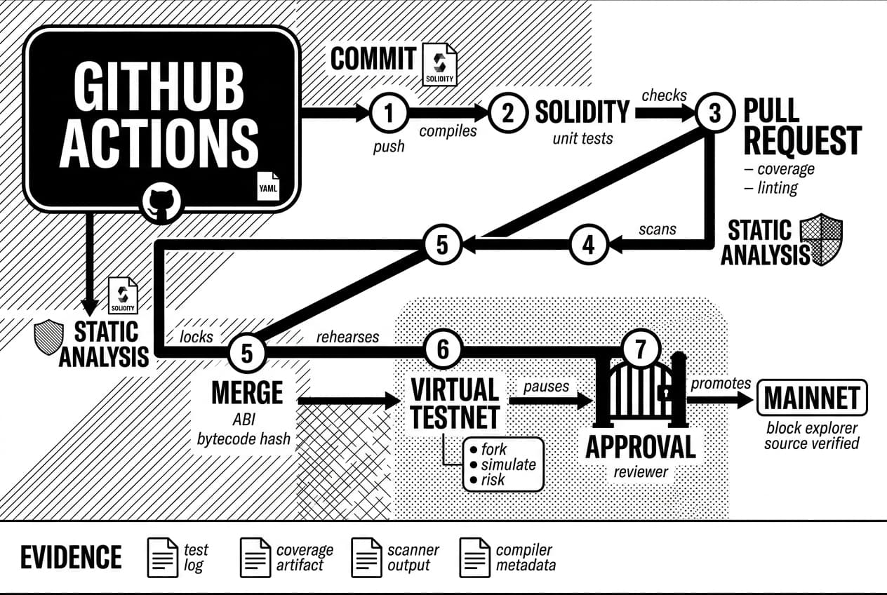 Monochrome Solidity CI/CD pipeline infographic from GITHUB ACTIONS to MAINNET approval.