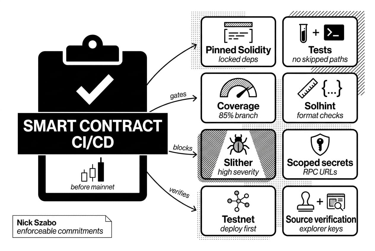Smart contract CI/CD checklist with Solidity, Solhint, Slither, and Nick Szabo quote card.