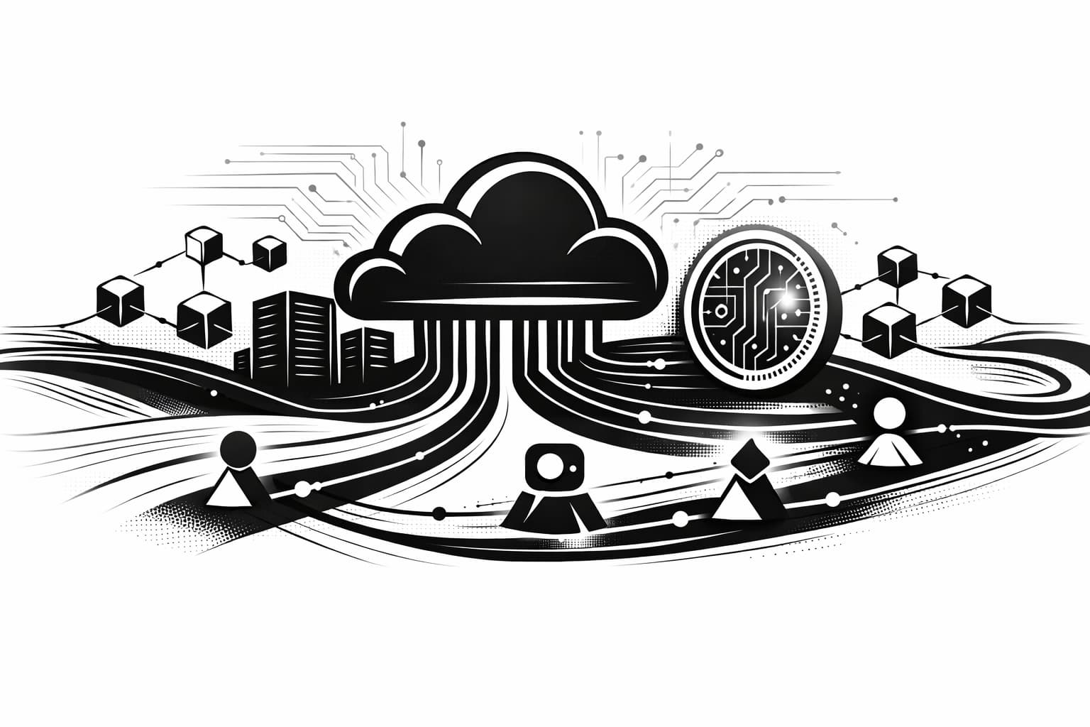 Cloud network connecting to stablecoin and blockchain nodes with AI agent routing