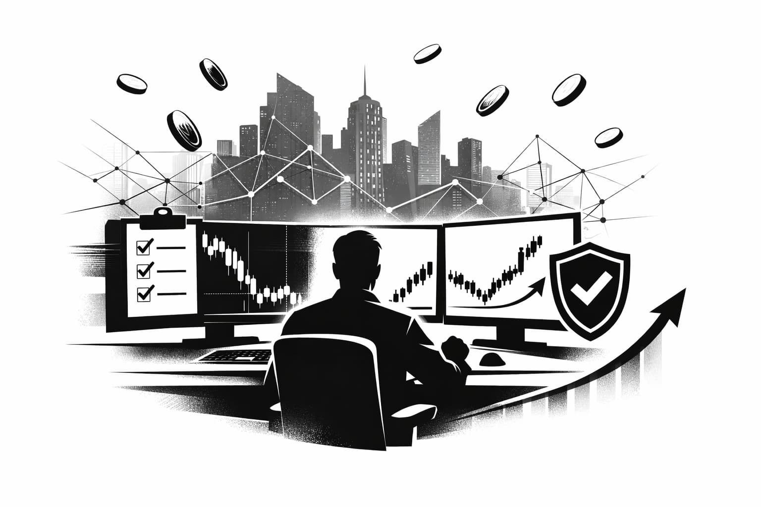 Investor analyzing falling crypto charts with risk shield and recovery signals