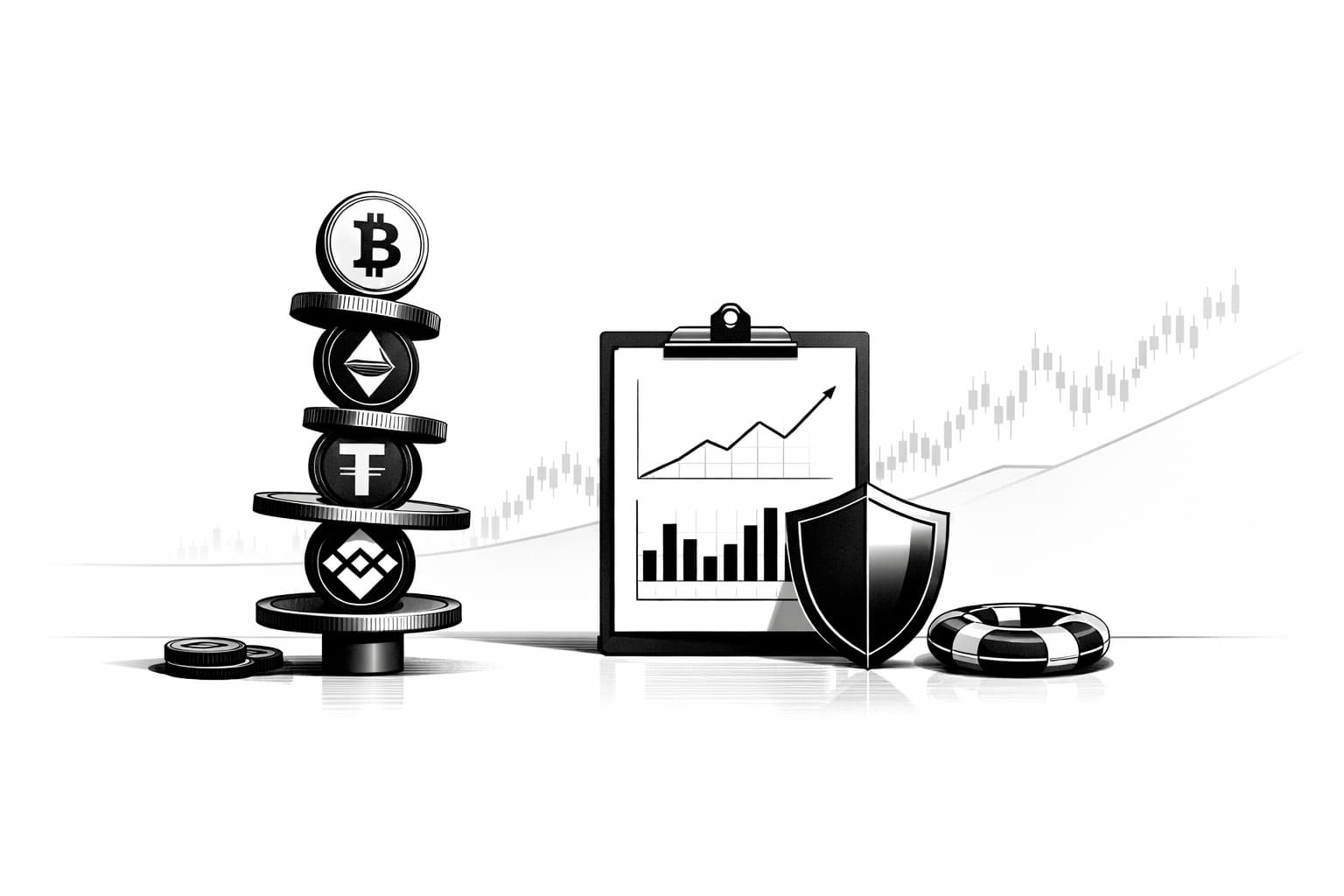 Balanced crypto portfolio with risk management symbols after market downturn illustration