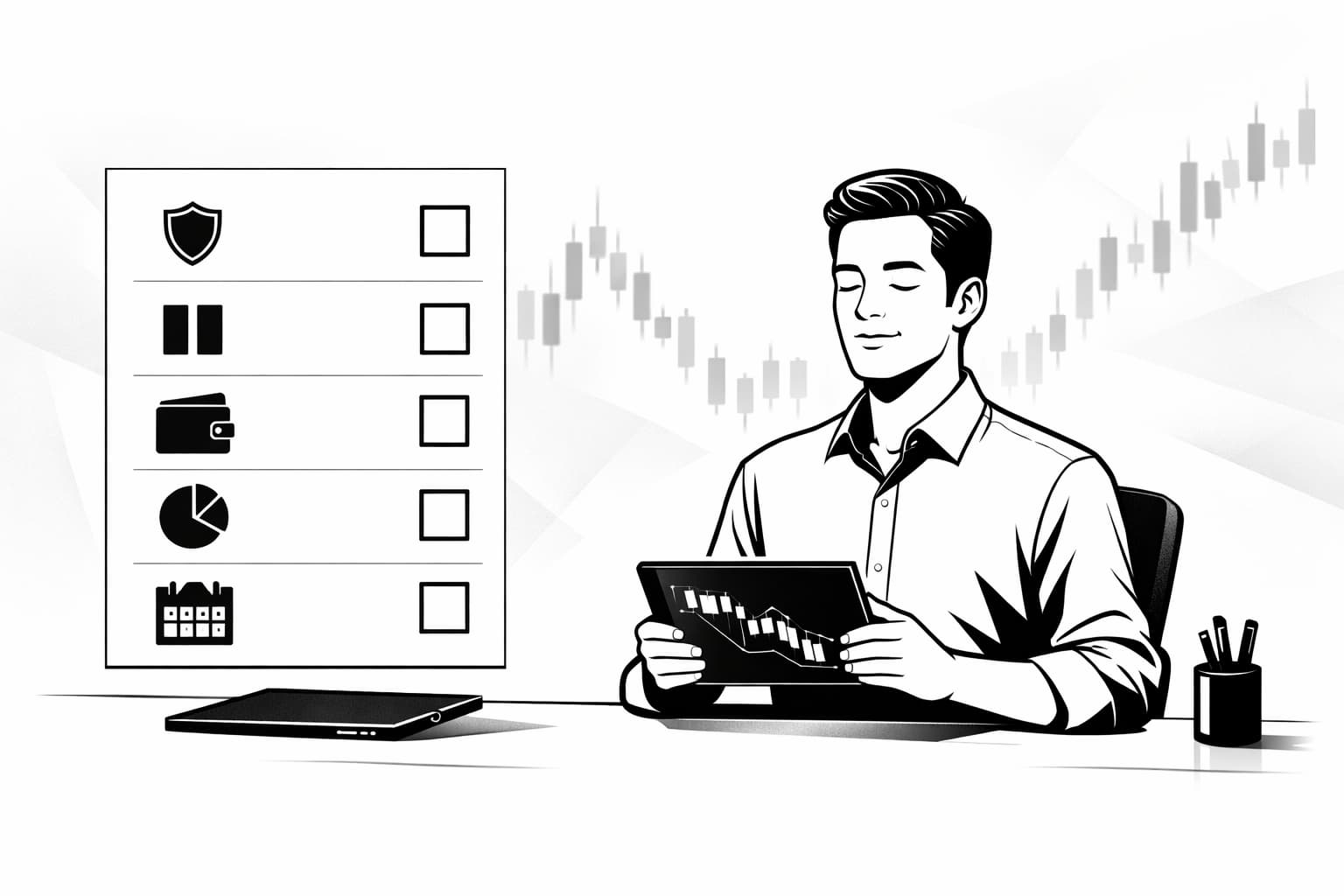 Calm investor reviewing crypto drop dashboard with five-step checklist icons for action
