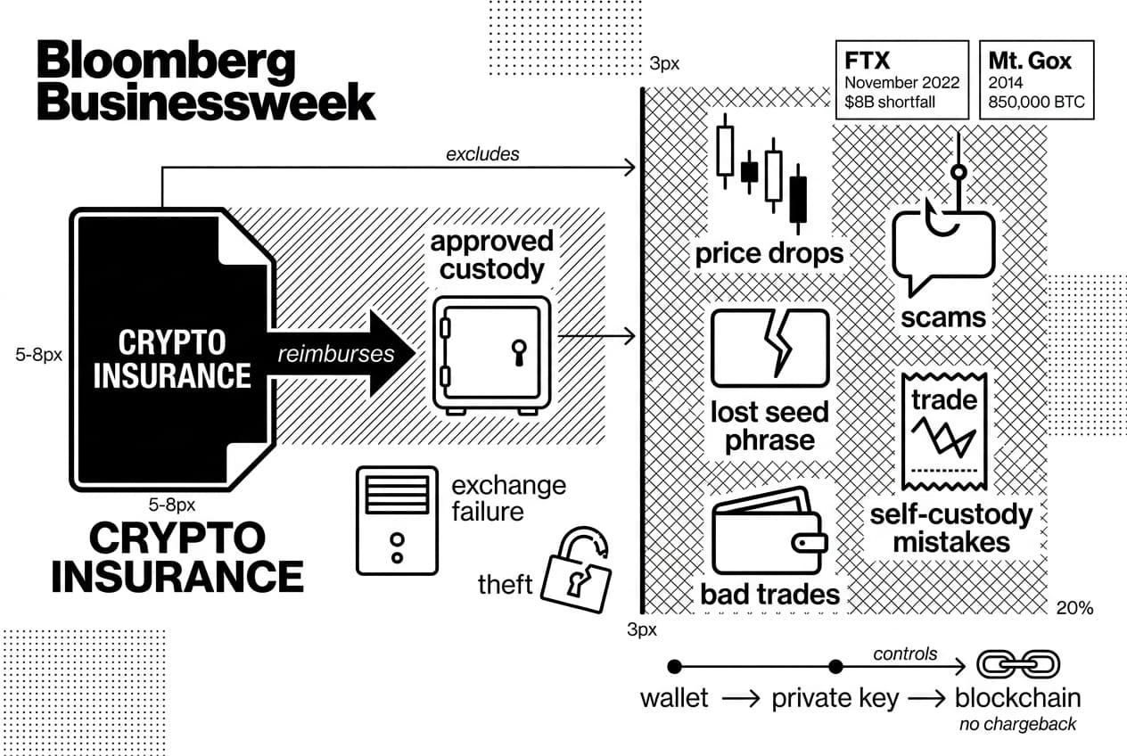 Infographic showing crypto insurance coverage, exclusions, custody, FTX and Mt. Gox failures.