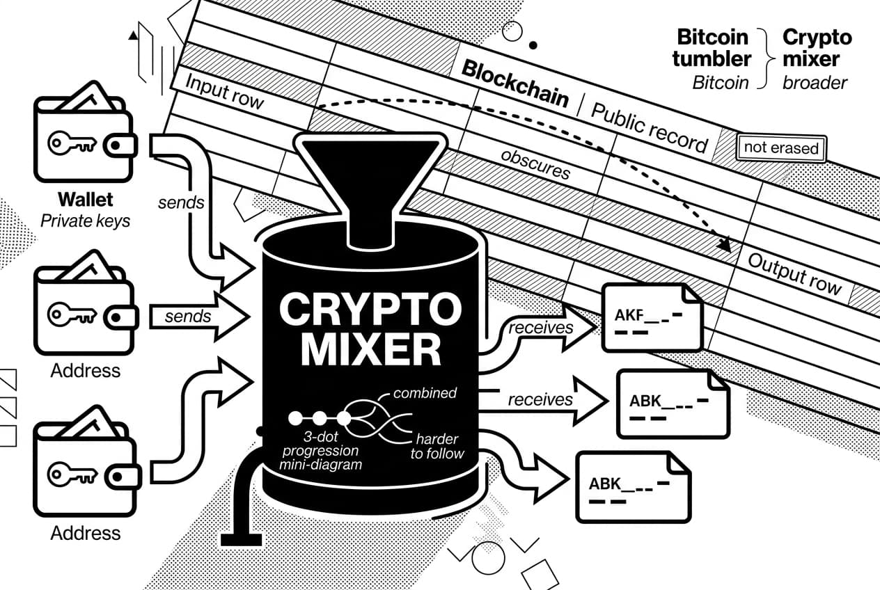 Monochrome diagram shows a crypto mixer obscuring Bitcoin wallet inputs and output addresses.