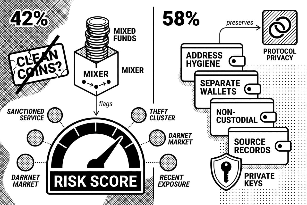 Monochrome infographic comparing Bitcoin tumbler risks with safer wallet privacy practices.