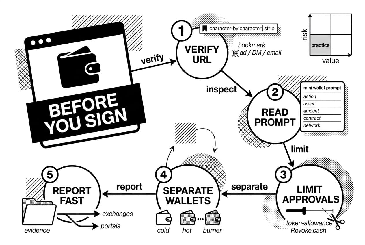 Monochrome crypto phishing checklist infographic with wallet warning, verification steps, and Revoke.cash approvals.